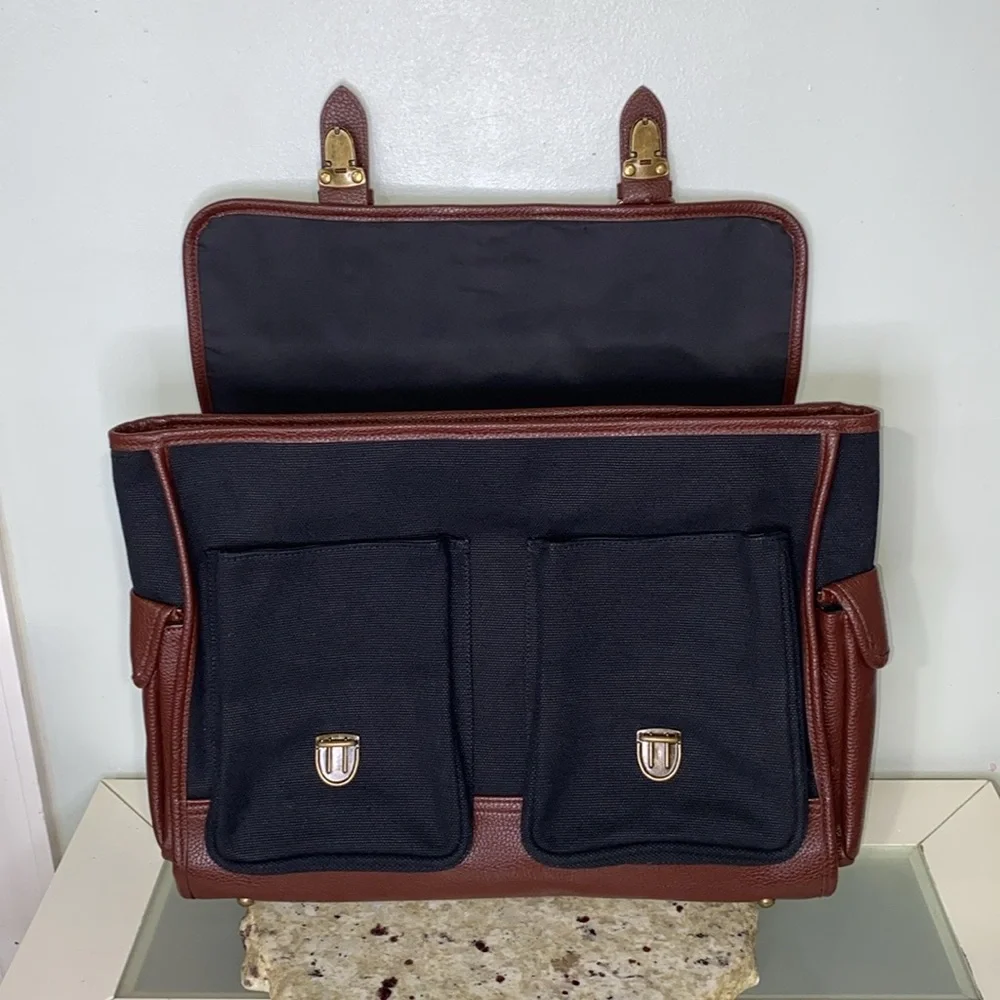 The Ultimate Messenger Bag Black Brown Canvas Faux Leather Trim Preppy Business